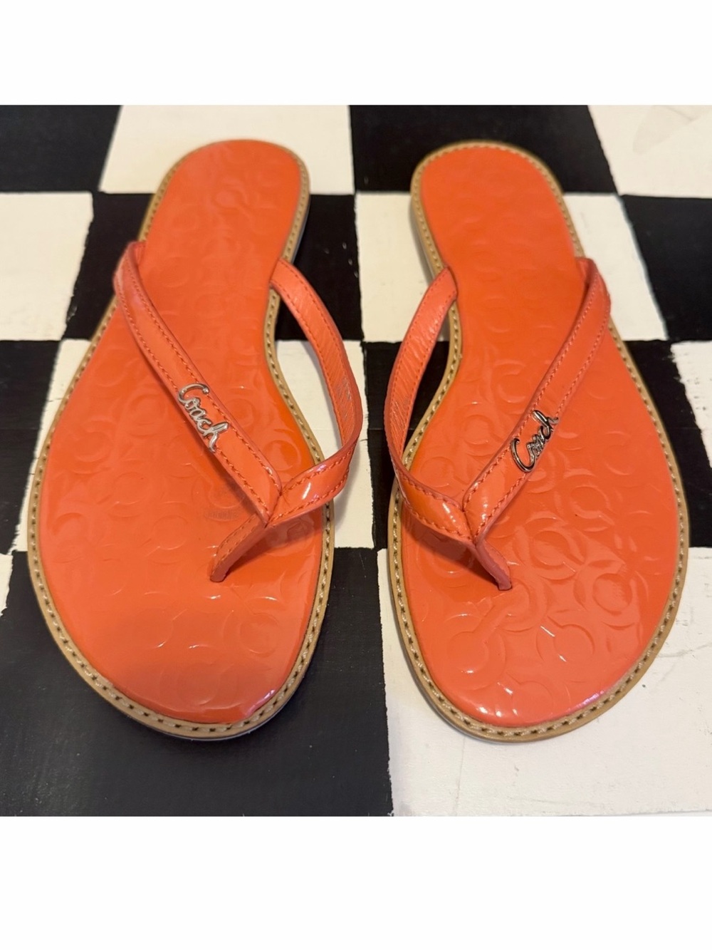 Coach Orange Patent Logo Thong Sandals